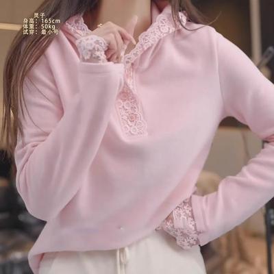 德绒连帽拼接蕾丝打底衫女秋冬款