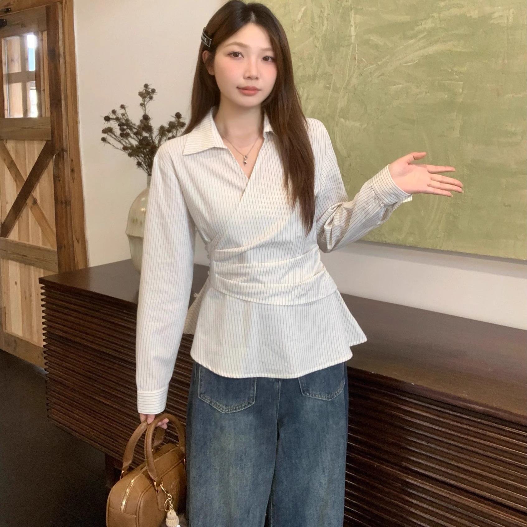 大码微胖法式长袖衬衫女装2025新款秋季胖MM遮肉显瘦衬衣条纹上衣