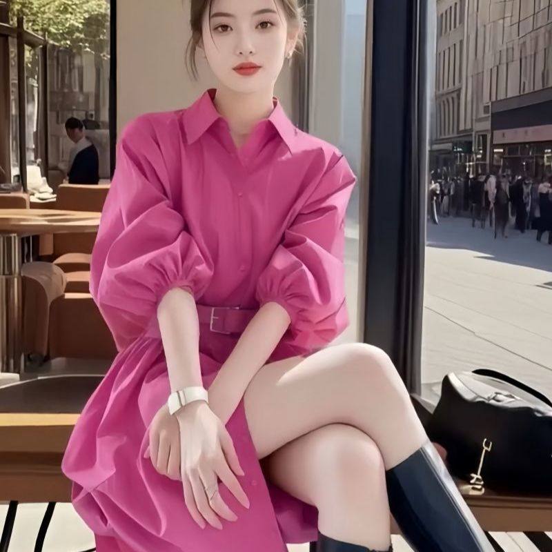 2026春季新款韩版轻奢高级洋气玫粉色连衣裙女时尚七分袖衬衫裙子