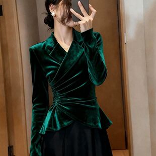墨绿色西装领丝绒衬衫女秋冬法式复古轻奢高级感干练气质收腰上衣