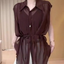 2025年新款夏季乔其纱翻领系带短袖衬衫女内搭外穿打底衫无袖上衣