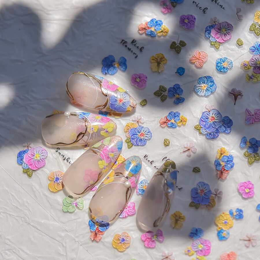 ins七彩仿真干花浮雕晶钻美甲贴纸tomoni花草碎花指甲装饰品贴纸