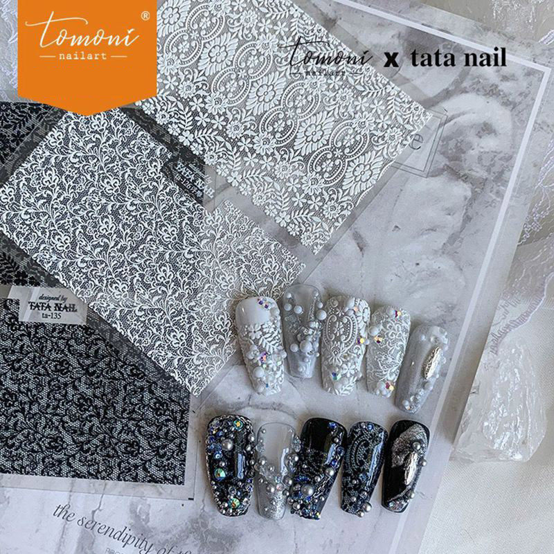 tomoni美甲立体微雕款精致巴洛克黑白蕾丝花纹新娘婚甲指甲贴纸