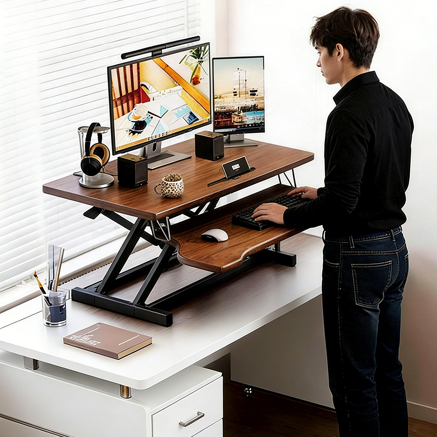 家逸实木升降桌站立式工作台桌面增高架可调节办公台式电脑桌家用