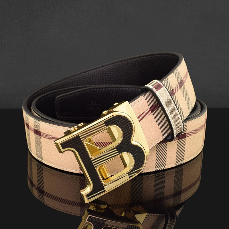 网红男士格纹头层牛皮腰带自动扣