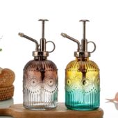 喷水壶玻璃浇花喷雾器彩色玻璃洒水器 高款 复古新款 太阳花按压式