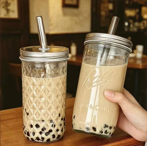珍珠奶茶杯 加粗吸管玻璃杯子ins风梅森杯咖啡杯大容量冷饮果汁杯