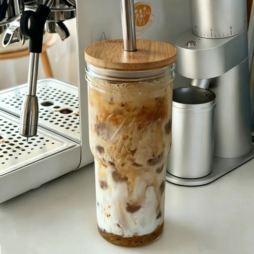 美式梅森冷萃杯木制粗孔盖吸管杯大容量珍珠奶茶玻璃杯饮料果汁杯