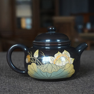 云南建水紫陶黑色无釉磨光亮王时君名家全手工作品彩填容天泡茶壶