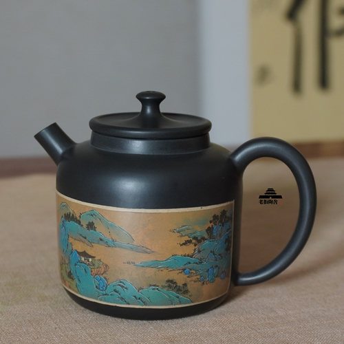 建水紫陶名家陈学无釉黑色红泥阴刻阳彩填通景微雕大师收藏品茶壶