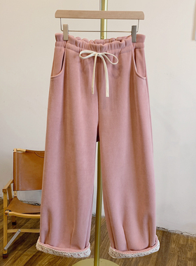 C5464加绒灯芯绒蕾丝翻边松紧腰系带休闲裤