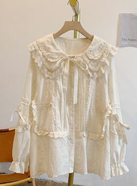 C5636刺绣风琴褶蕾丝边全开扣系带双层娃娃领衬衫