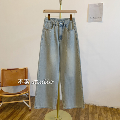 C3257烫钻牛仔阔腿裤