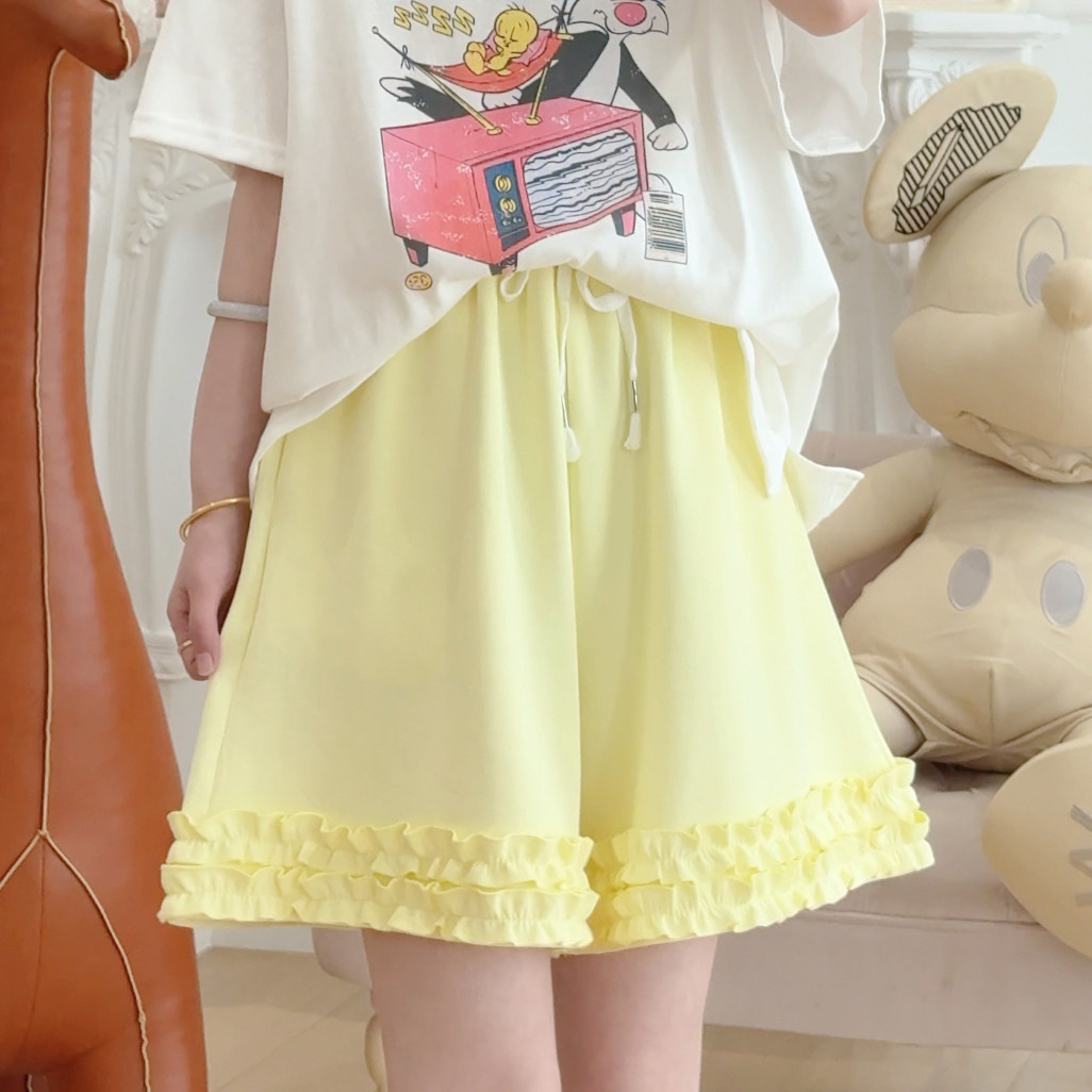 C5854木耳边松紧腰系带短裤