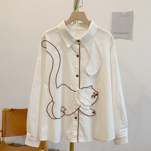 白色衬衫女上衣小懒猫刺绣灯芯绒可爱风全开扣翻领衬衣女