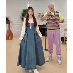 背带裙女2026新款韩版宽松腰侧系带可调节牛仔背带裙