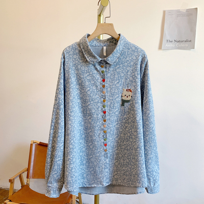 Y4216刺绣爱心小猫印花全开扣翻领衬衫