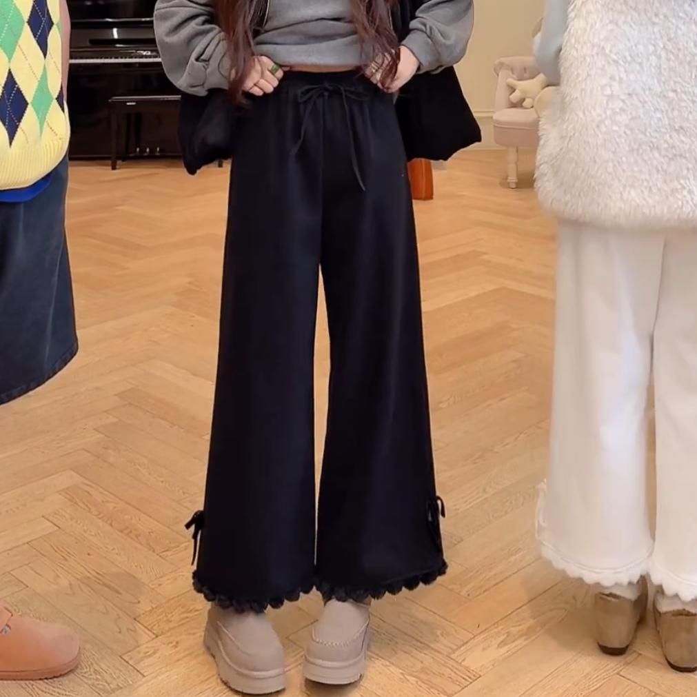 加绒裤女2025新款韩版宽松慵懒风蝴蝶结拼接松紧腰系带牛仔阔腿裤