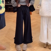 加绒裤 宽松慵懒风蝴蝶结拼接松紧腰系带牛仔阔腿裤 女2025新款 韩版
