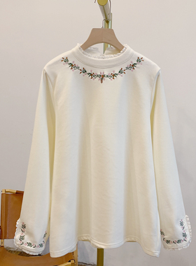 C5478磨毛德绒刺绣蕾丝边立领长袖T恤