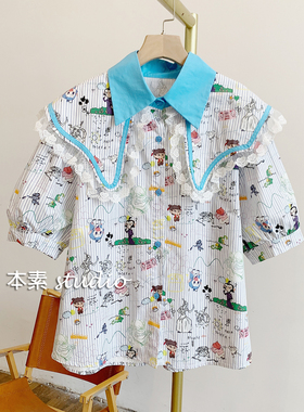 C4064条纹卡通印花蕾丝边全开扣翻领短袖衬衫