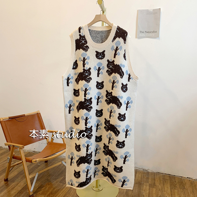 C1653卡通小猫提花侧边开叉圆领针织背心裙