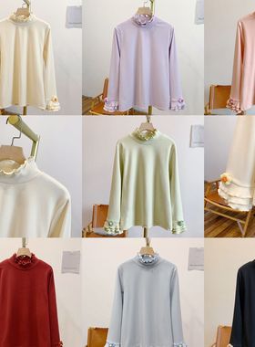 C5349磨毛德绒小花双层木耳边立领长袖T恤