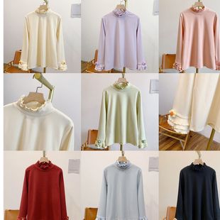 C5349磨毛德绒小花双层木耳边立领长袖T恤