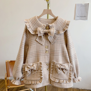 Y4056格纹蝴蝶结可脱卸夹棉内胆娃娃领毛呢外套