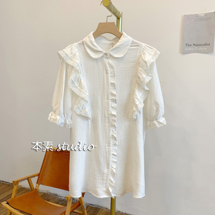 MNY2360-1蕾丝贴布荷叶边全开扣翻领短袖衬衫