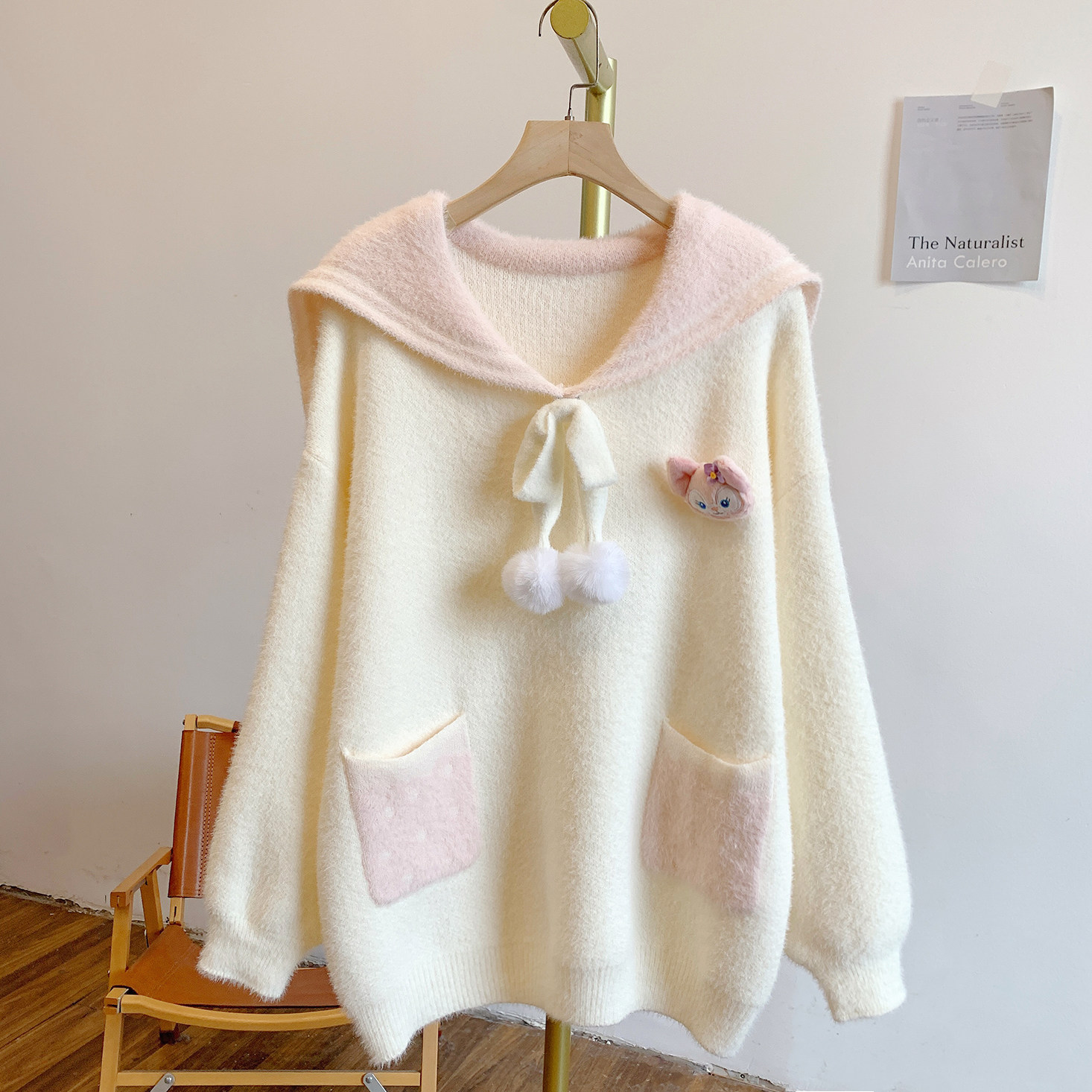 C5571卡通毛球蝴蝶结拼色双口袋海军领针织毛衣,女装/女士精品,毛针织衫,淘宝优惠券,粉丝福利购,淘宝优惠卷