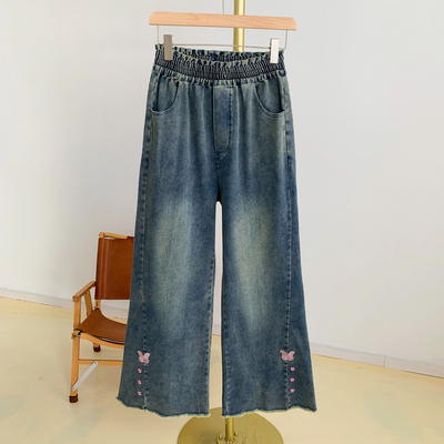 Y4375刺绣蝴蝶小花毛边松紧腰牛仔阔腿裤
