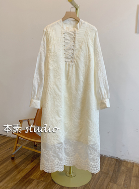 C3432新中式刺绣蕾丝双排包扣立领连衣裙