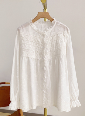 Y4356刺绣蕾丝边全开扣立领衬衫