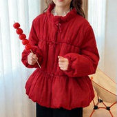 红色棉服女时尚 洋气时髦夹棉提花蝴蝶结立领棉衣女外套