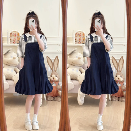 C6244纯色可调节灯笼裤背带裤