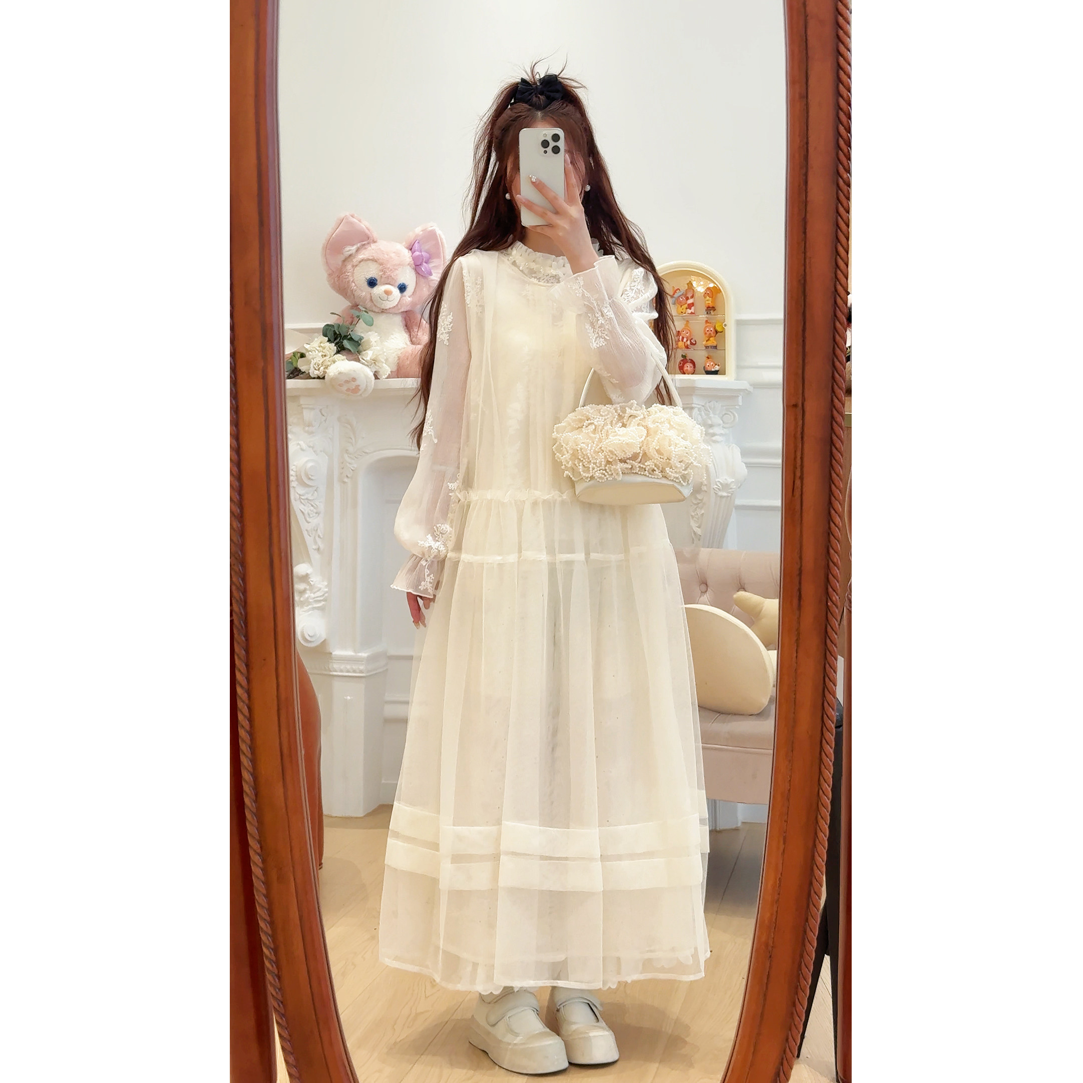 C5756风琴褶木耳边圆领双层网纱背心裙