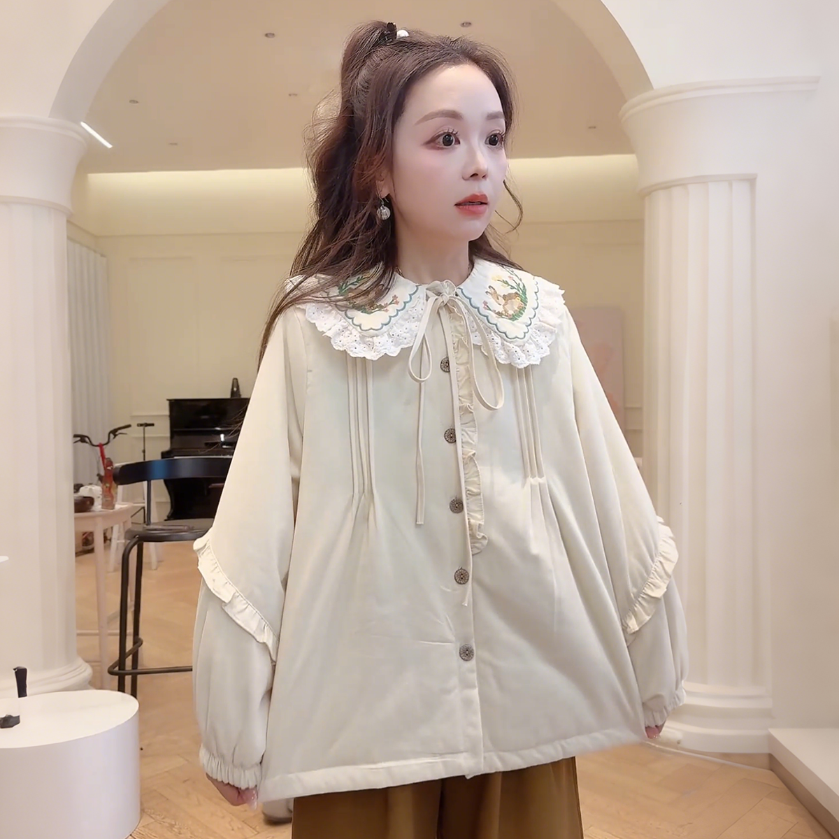 棉衣女外套2025新款系带刺绣蕾丝边娃娃领棉服女款冬季,女装/女士精品,棉衣/棉服,淘宝优惠券,粉丝福利购,淘宝优惠卷