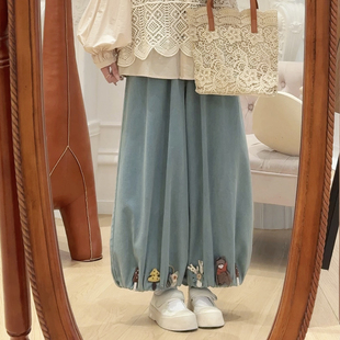 宽松卡通贴布松紧腰系带阔腿裤 韩版 女 女2026新款 牛仔裤