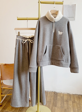 C5500加绒毛绒立领卫衣松紧腰休闲裤套装