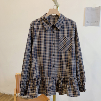 Y4255格纹单口袋全开扣荷叶边翻领衬衫