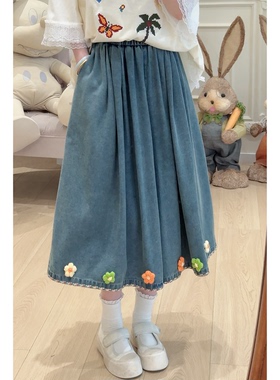 C6133小花彩边松紧腰牛仔阔腿裤