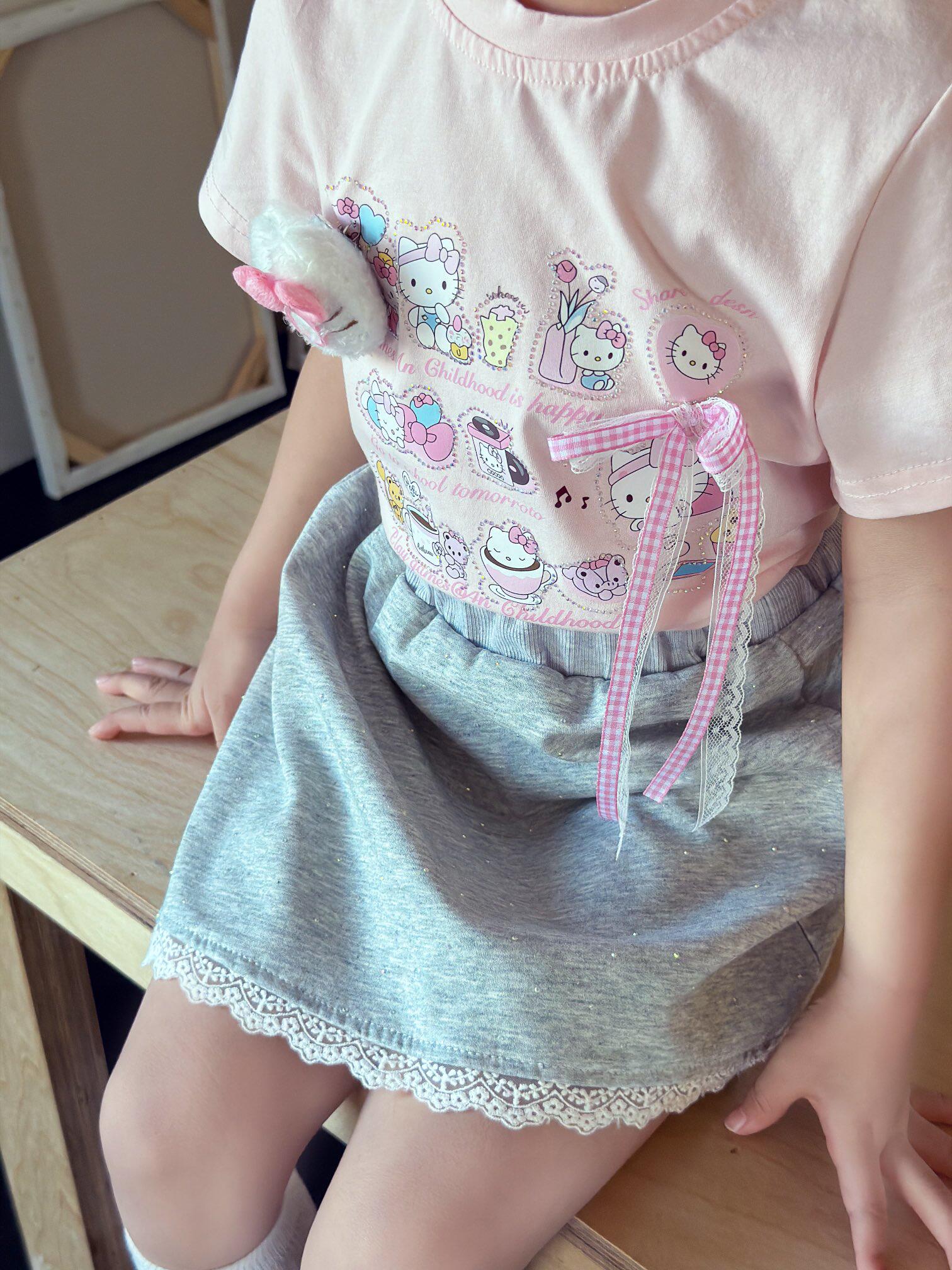 女童2026夏季棉质kt猫印花可爱短袖蕾丝边短裙两件套装儿童新款潮