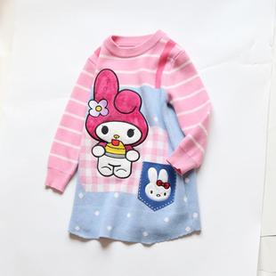 女童植绒童趣条纹假两件针织连衣裙儿童宝宝公主毛衣裙子秋冬新款