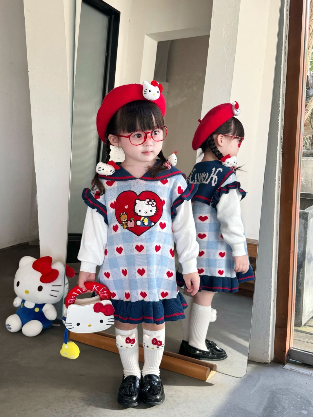 原创设计女童秋冬针织连衣裙儿童宝宝甜美kt爱心海军鱼尾毛衣裙子