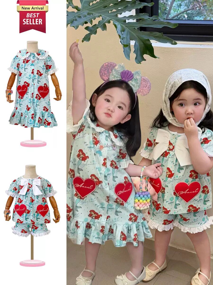 2026夏季女童可爱公主裙宝宝衬衫连衣裙儿童洋气美人鱼印花裙子潮
