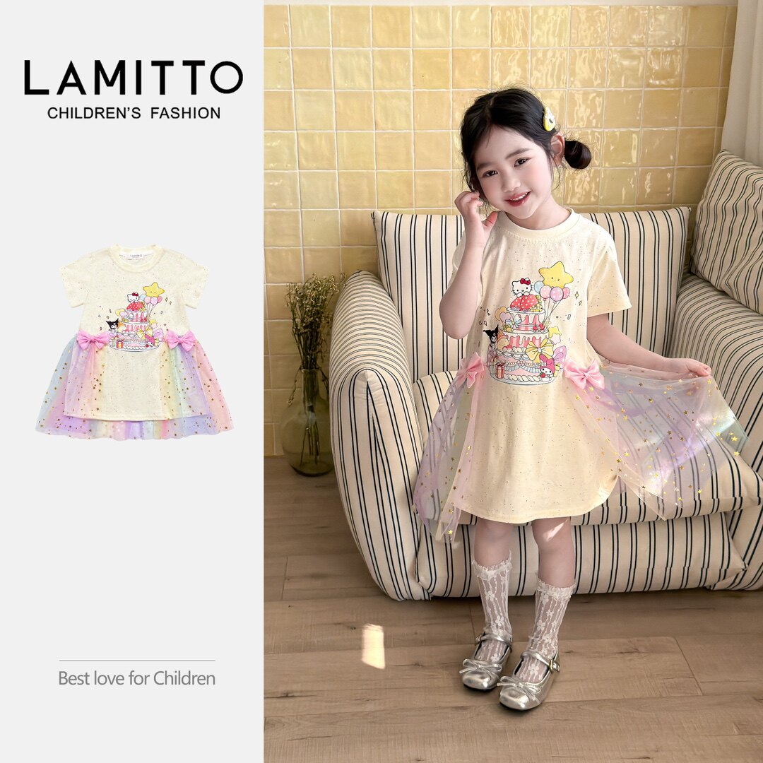 2026春夏新款女童洋气棉质短袖连衣裙儿童宝宝蝴蝶结彩虹网纱拼接