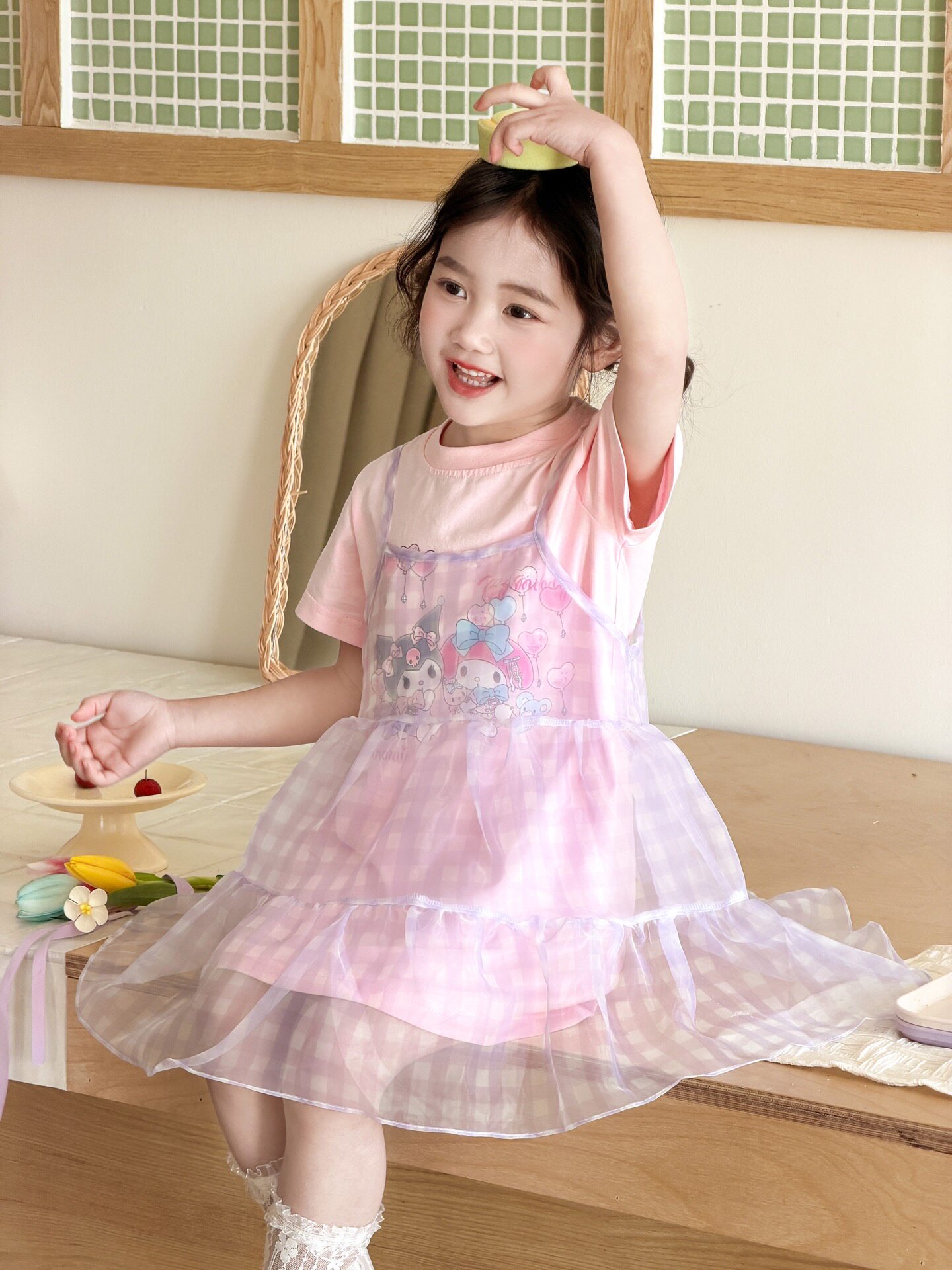 韩版2026夏季新款库洛米女童棉质短袖裙子网纱吊带连衣裙两件套装