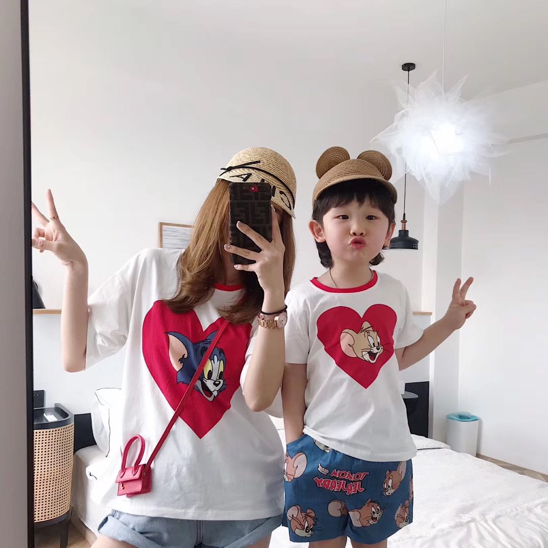 断码清亲子纯棉短袖夏季新品男女儿童可爱动漫百搭爱心潮白色t恤图片