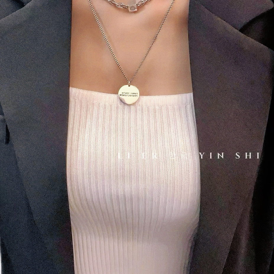 通体S925纯银圆牌字母吊坠项链女简约时尚个性小众设计百搭毛衣链
